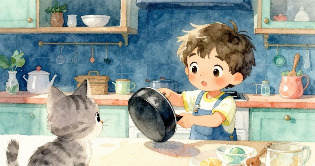 從一隻好奇的小貓視角看去,Leo正在調整歪斜的鍋子,小貓眼中滿是驚奇,展示故事發展中的動態細節。