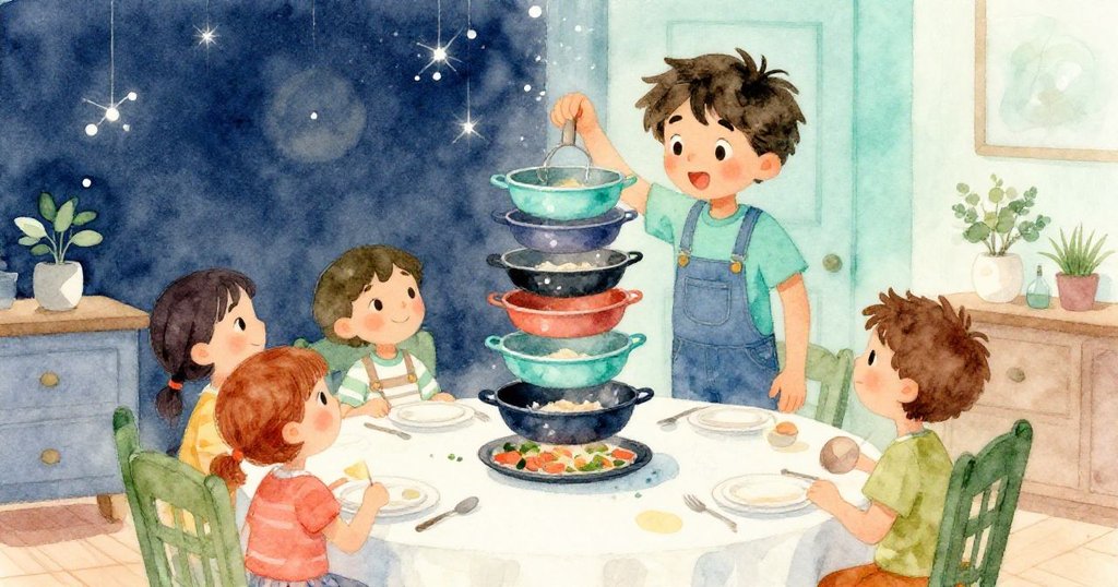 在溫馨家庭聚餐中,Leo和家人分享快樂,他的鍋子整齊堆疊,大家面帶燦爛笑容,故事進入高潮時刻。