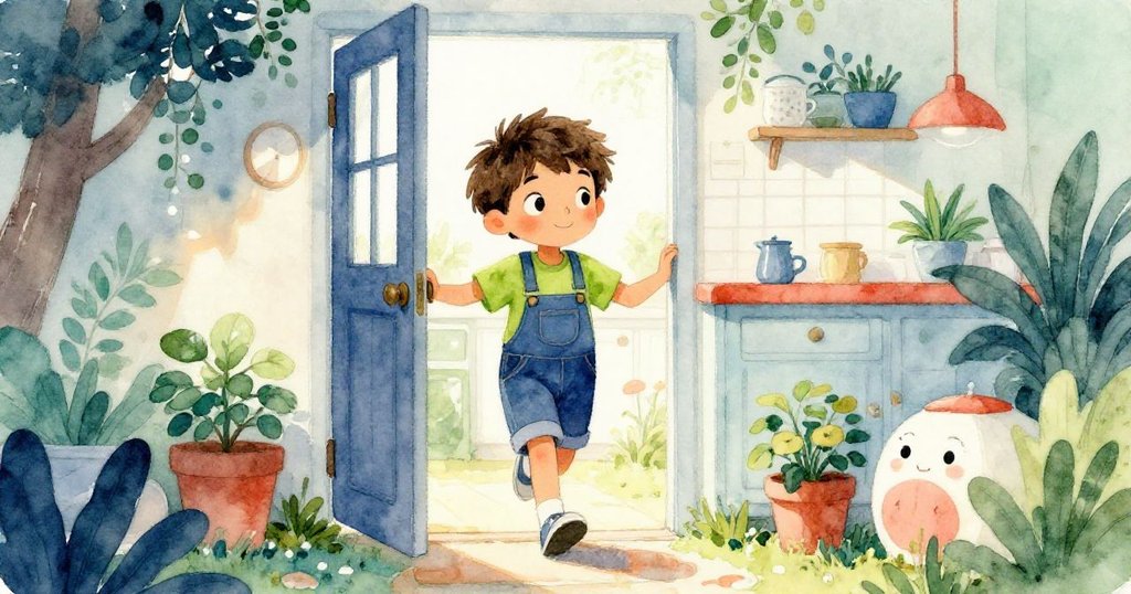 Leo面帶自信和滿足,走向打開的廚房門,背後是陽光明媚的花園,象徵著新冒險的開始,故事美好結局。