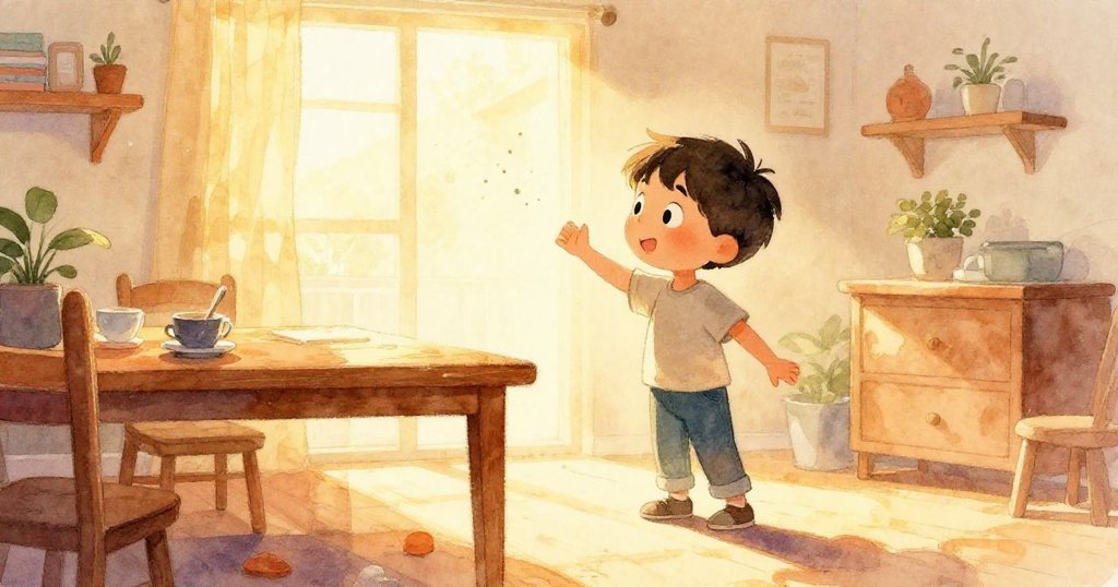 湯姆在陽光映照的木桌旁站立，身影清晰，四周微塵飛舞，充滿溫暖與期待的氛圍。