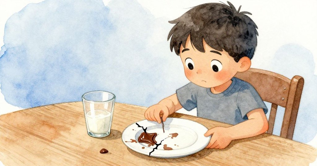 湯姆專注地觀察桌上破損的盤子與奶環空玻璃，細節豐富，臉上流露出思索與細膩情感。