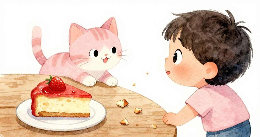 從小動物視角看，桌上散落餅屑中有一隻小貓好奇探頭，湯姆旁邊新蛋糕閃耀巧克力光澤，充滿活力。