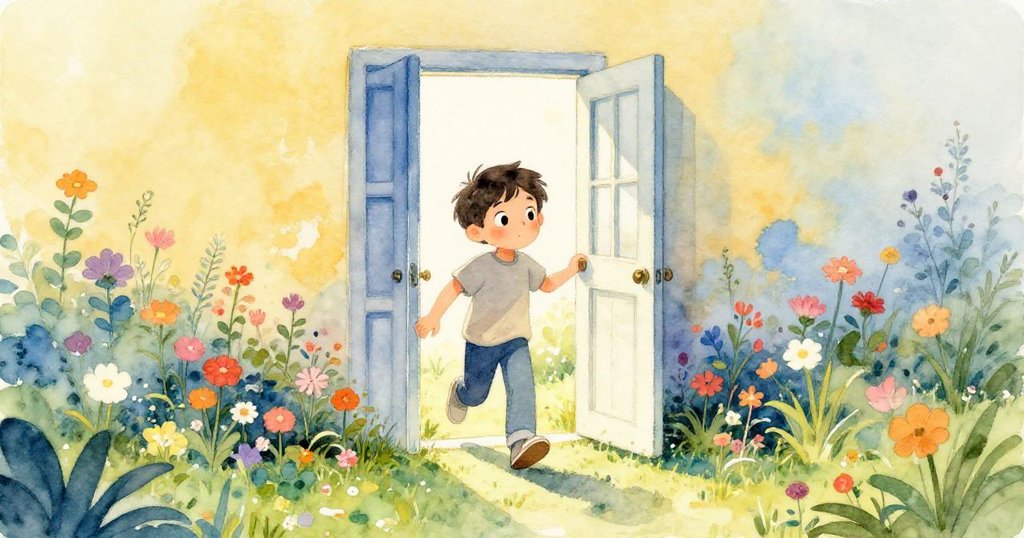 湯姆踏出室內走向陽光花園，背影充滿好奇與期待，背景花草繁茂，展現全新開展的場景。