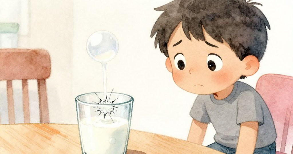 湯姆凝視玻璃上擴大的裂縫與升起的奶泡，臉上滿是憂慮，在細膩光影中展現內心掙扎的瞬間。