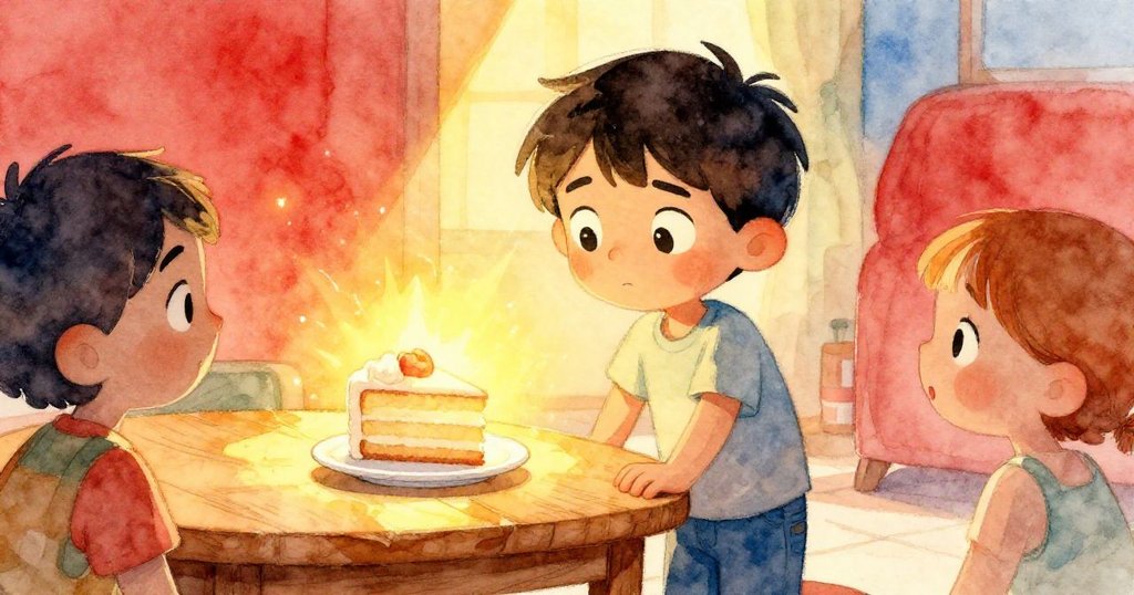 湯姆站在木桌旁，眼神堅定地望向遠方，新蛋糕散發巧克力光澤，象徵著希望和嶄新的開始。