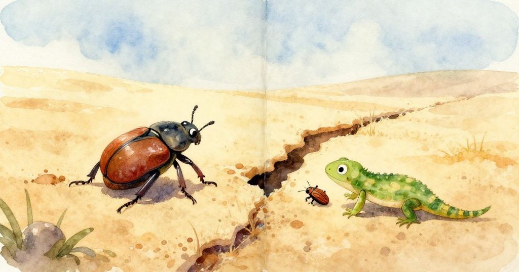 折疊紙張在微風中輕舞，小螞蟻有序爬行於紙下，呈現出紙的精緻質感與熱沙細節。