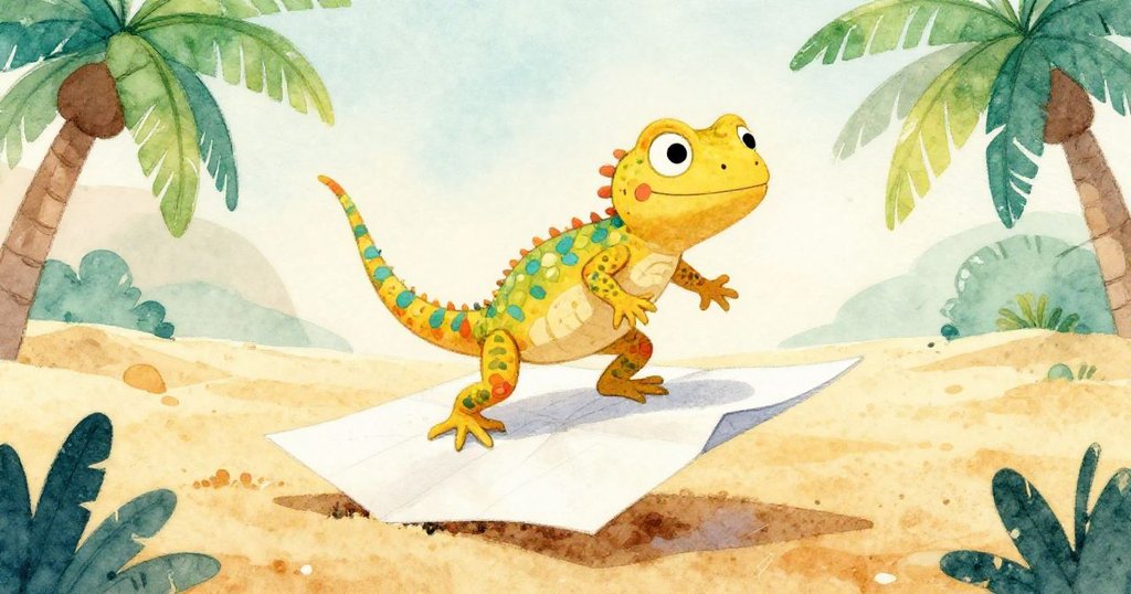 勇敢的蜥蜴從低角度踏上飛舞紙邊，其堅定眼神彰顯冒險精神與決心。