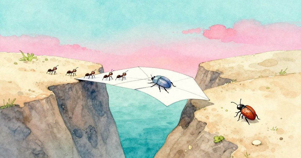 從高空俯瞰，紙橋滑過寬闊缺口，下方螞蟻列隊行進，營造出動感冒險且寬廣的景致。