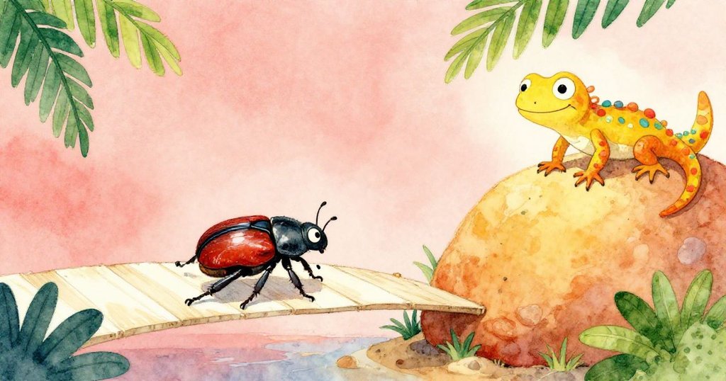 小甲蟲在紙橋上奮力推動，成功抵達堅實光亮之地，蜥蜴站於溫暖石上欣喜觀望，充滿慶祝氣氛。