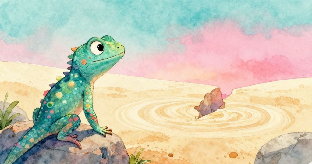 蜥蜴站在溫石上靜觀空缺之處，隨風飛揚的細沙見證旅程完成，展現寓意與平靜。