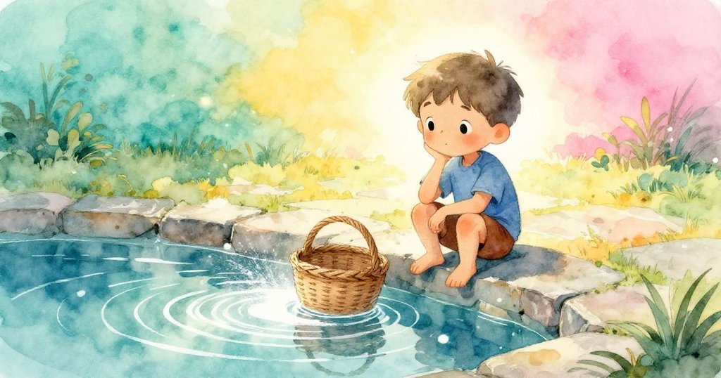 Milo靜坐石階,編織籃輕觸水面,水中倒影中粉筆雲旋轉,流露驚奇心情。