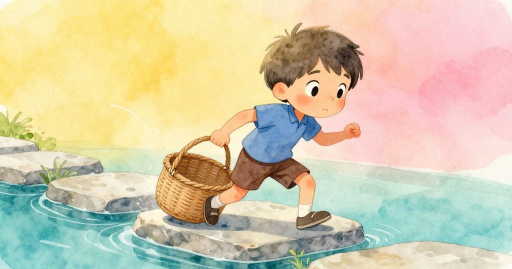 Milo彎身調整編織籃,臉上流露堅定與期盼,準備跨越水潭迎接挑戰。