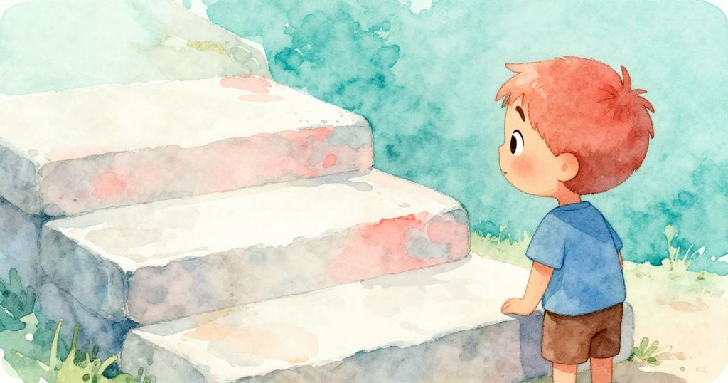 Milo靜望空白石頭,柔光映照下過往痕跡消散,心中滿是平靜與新開始。