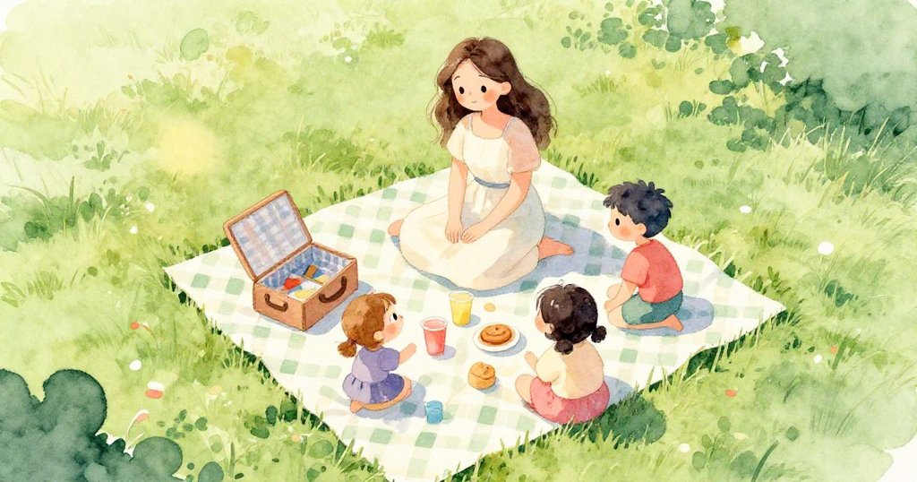 母親與家庭在綠草坪上野餐，陽光普照，小狗活潑嬉戲，整體畫面溫馨生動，展現故事開端。