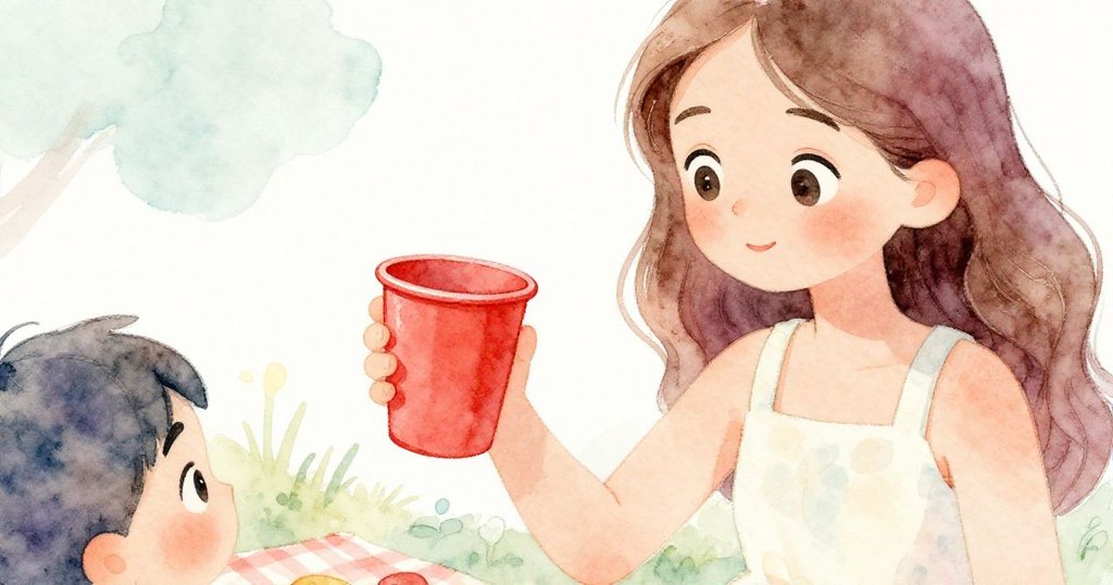 母親專注凝視，輕輕提起紅杯，背景野餐布隱約可見，流露出溫柔與期待，展開情節發展。