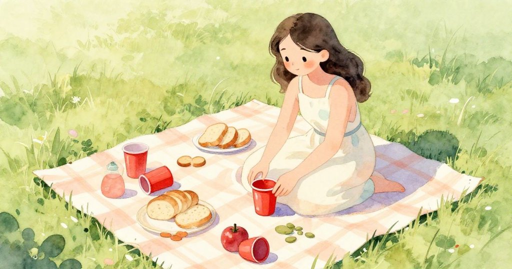 母親在高角度下細心整理紅杯與食物，手法溫柔，野餐布與綠地清晰展現，情感充滿溫馨與投入。