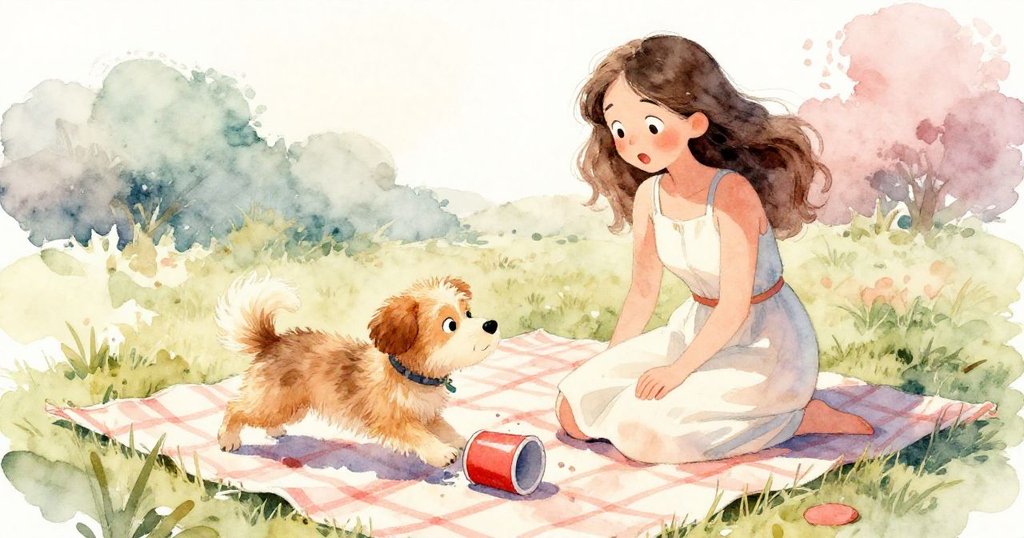 小狗嬉戲撩動母親，紅杯急速滾動，母親驚訝表情明顯，野餐現場緊張又生動，情節急轉直下。