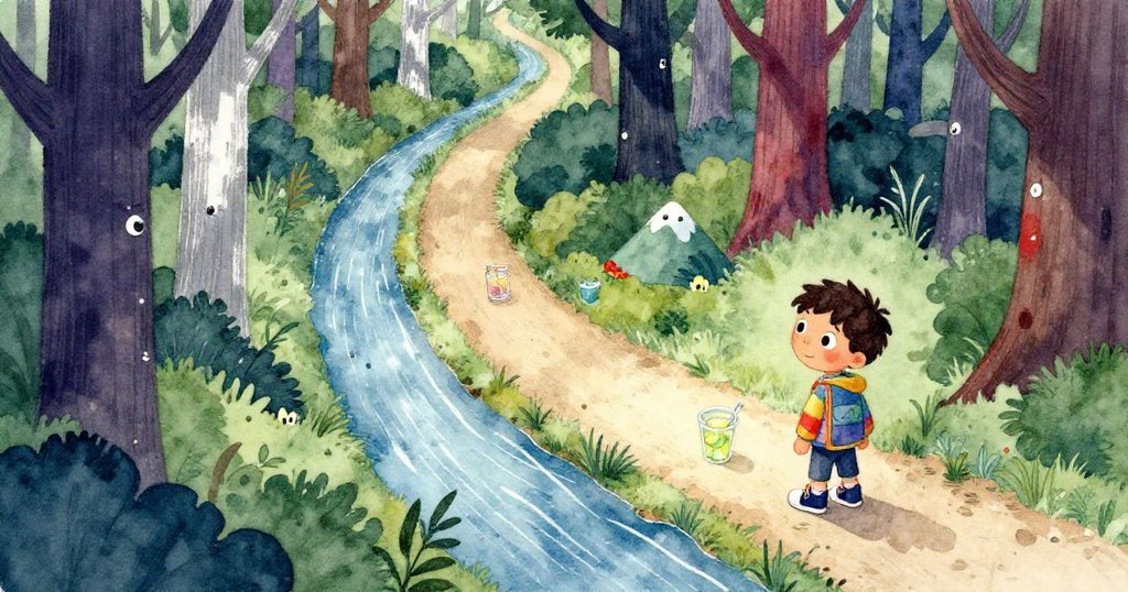 米洛在森林中前行，從高處俯瞰展現蜿蜒小徑、閃亮河流及杯子和玩具山，充滿陽光與期待情緒。