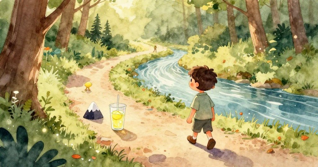 米洛好奇注視近鏡中的杯子，杯上寒涼檸檬水凝結水珠，背景隱現森林質感，展現細膩自然風情。