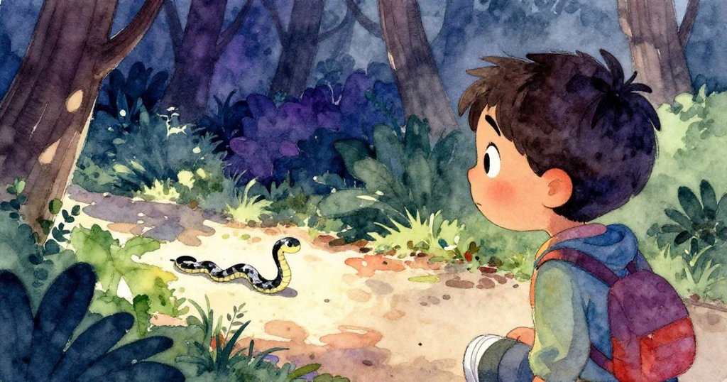 米洛從肩後觀察小蛇在森林小徑上滑行，眼中流露驚奇與謹慎，周圍樹影斑駁，氣氛神秘。