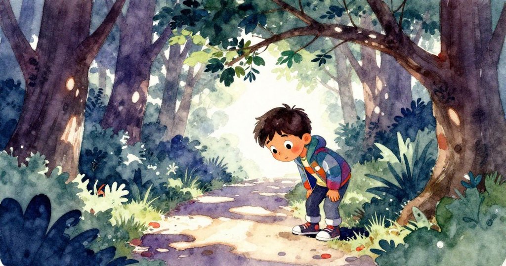 米洛彎腰穿過低垂樹枝，午後斑駁光影映照著森林，他表情專注輕盈，展現時間流逝。