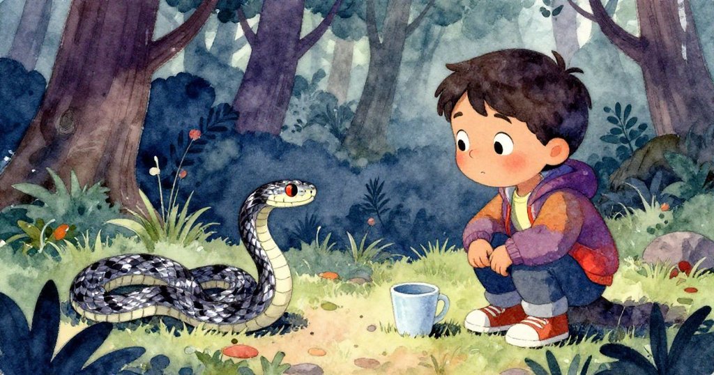 米洛回望森林發現盤繞小蛇與空杯，眼中充滿驚奇與關切，環境靜謐又迷人。