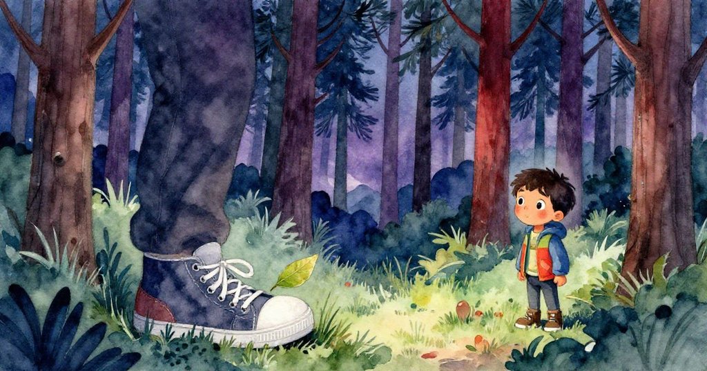 米洛在高聳松林中靜立，一片小葉輕落鞋面，展現出大自然溫柔魔幻的告別時刻，充滿深邃感慨。