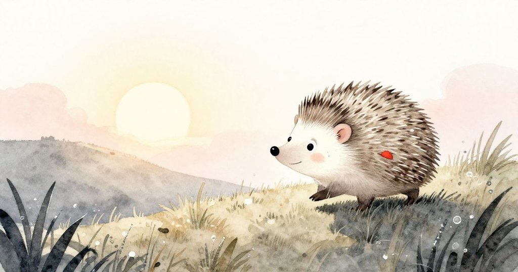 米羅小刺蝟在清晨暖陽中上坡行走，背景有翠綠草叢和遠處圍欄，神情充滿好奇與期待。
