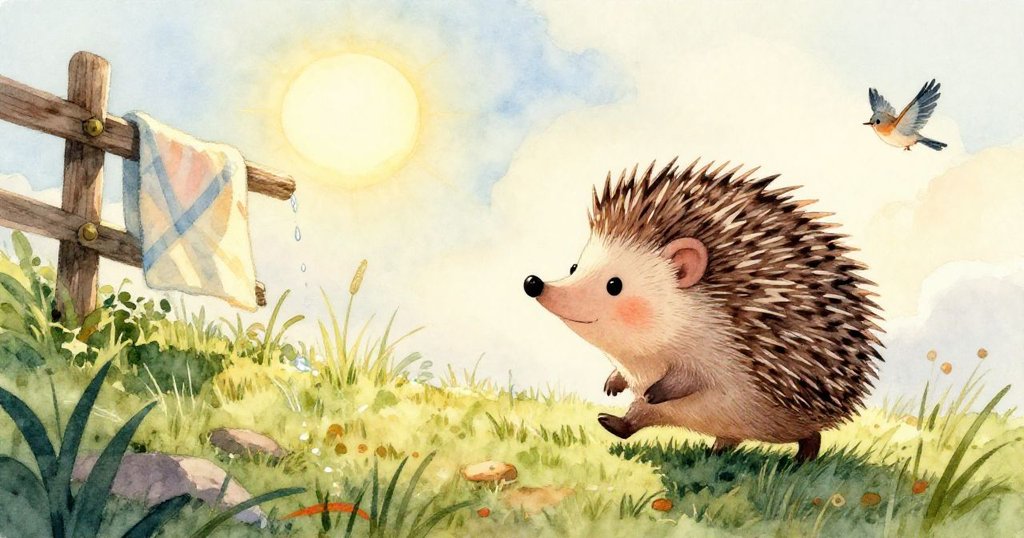 米羅故事中布料掛在木圍欄上，水珠閃爍於細膩摺痕，展現清晨溫暖與自然質感。