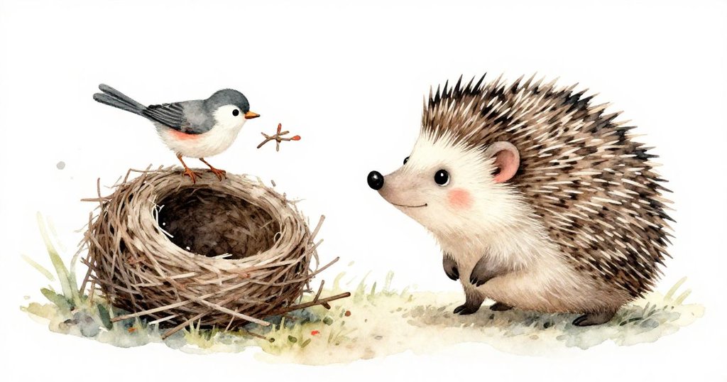 米羅注視著一隻小鳥持樹枝飛過，斜角視角下展現未完成鳥巢與活潑動作，神情充滿驚奇。