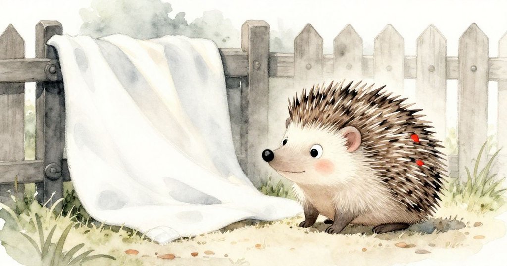 米羅在戶外小角落停步，伸手觸摸近乾布巾掛於圍欄上，陽光與寧靜營造舒適發現感。