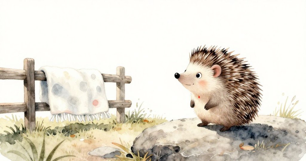 米羅在山頂平石旁靜立，背後圍欄上乾布巾在陽光照耀下呈現溫暖氛圍，神情滿足寧靜。