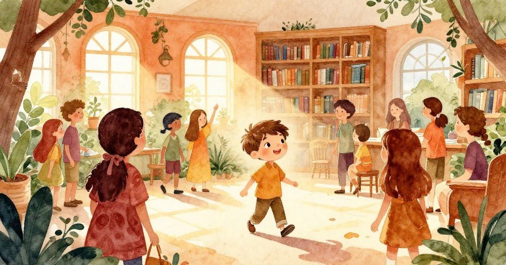 米洛走進明亮的圖書館庭園，周圍有熱情的讀者與綠意，臉上滿懷期待探索新奇世界。