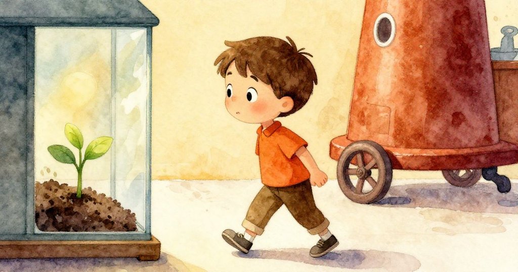 米洛穩步走向展示著小植物的玻璃櫃，他的腳步清晰展現了探索圖書館內溫暖光影的細節。