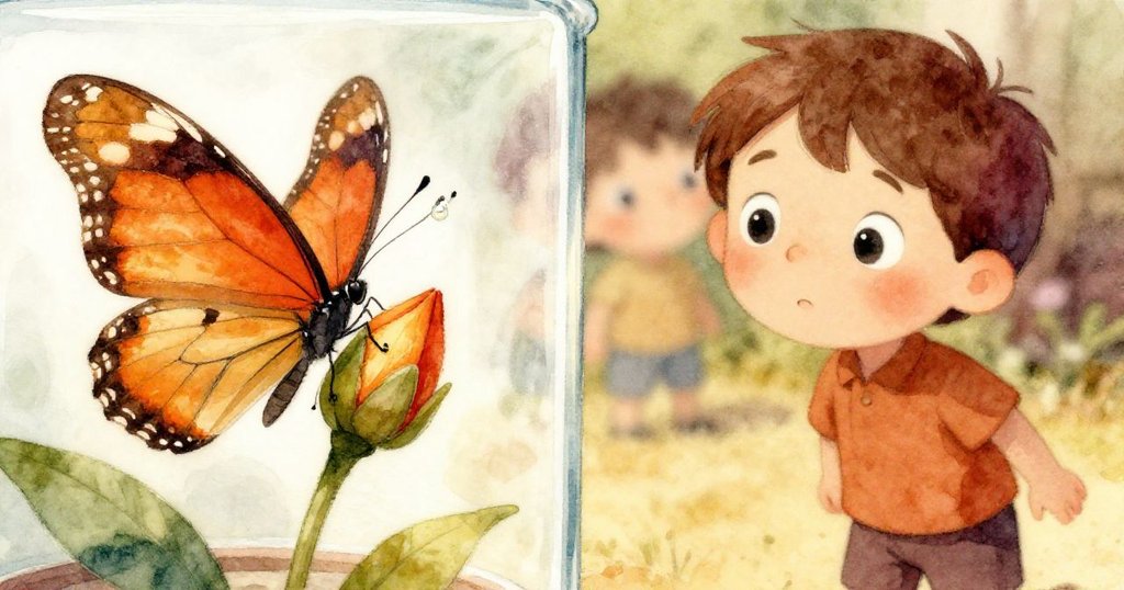 從蝴蝶視角觀察玻璃櫃中半開花蕾與閃亮露珠，米洛隱約在背景展現充滿驚奇的眼神。