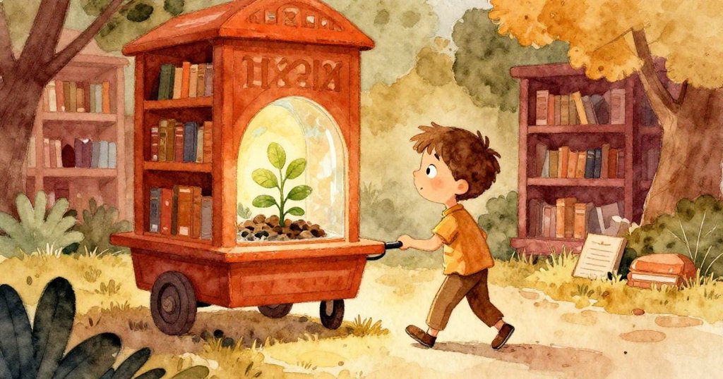 米洛繞過堆滿書籍的高推車，發現隱藏角落中逐漸綻放的植物，環境充滿柔和側光與秘密感。