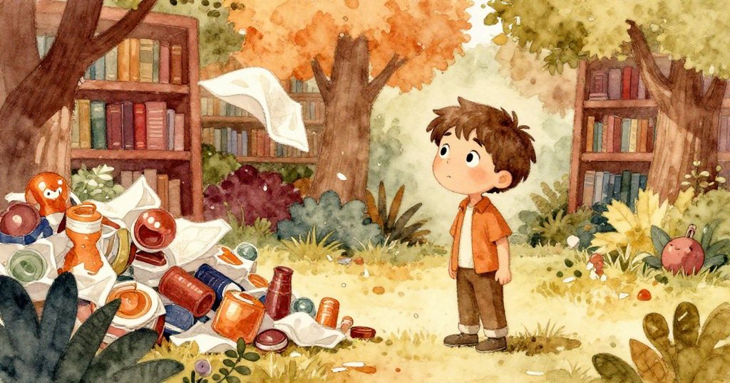 米洛停下腳步，目光充滿驚奇注視著從書堆上輕輕飄落的餐巾，氛圍溫暖而動感。