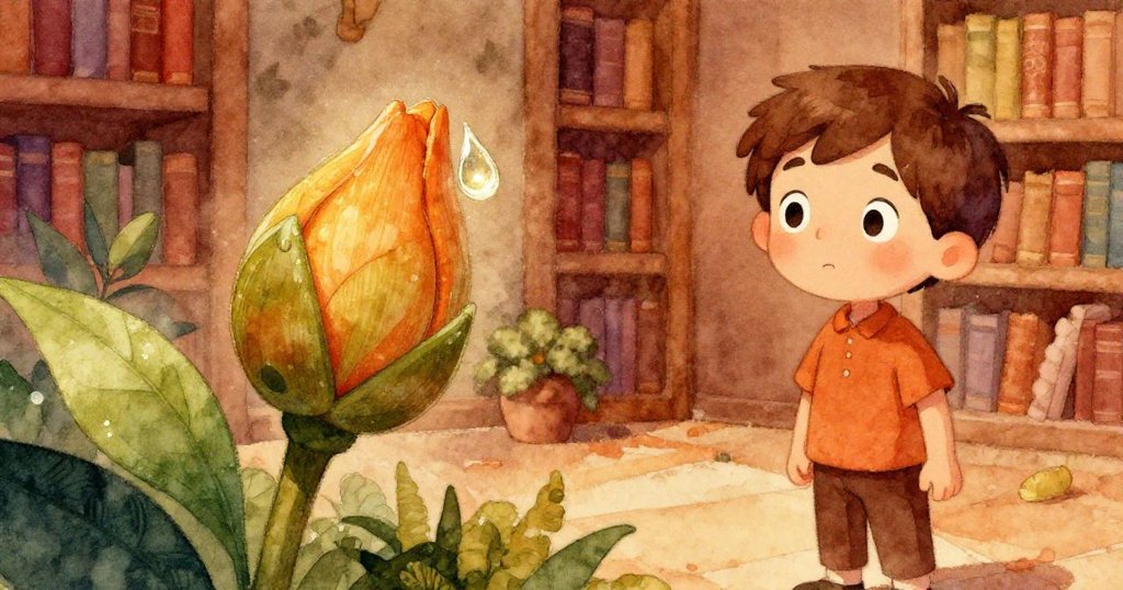 米洛靜靜注視著花蕾上閃耀的小露珠，象徵新生與希望，背景細膩呈現溫暖光影與柔美植物。