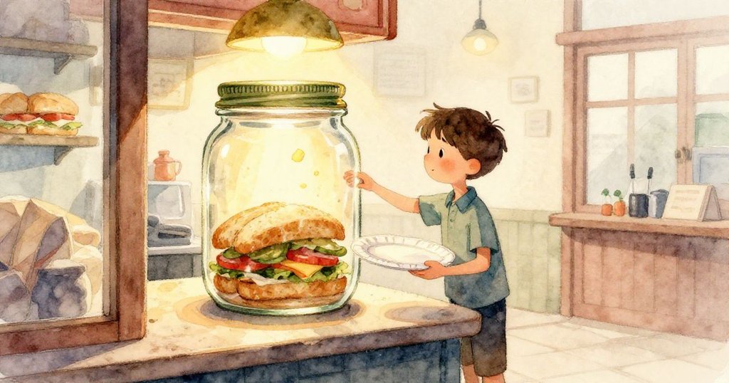 米洛走進溫暖三明治店，櫃檯上敞開的小瓶沐浴在晨光中散發奶油香氣，營造寧靜開端。