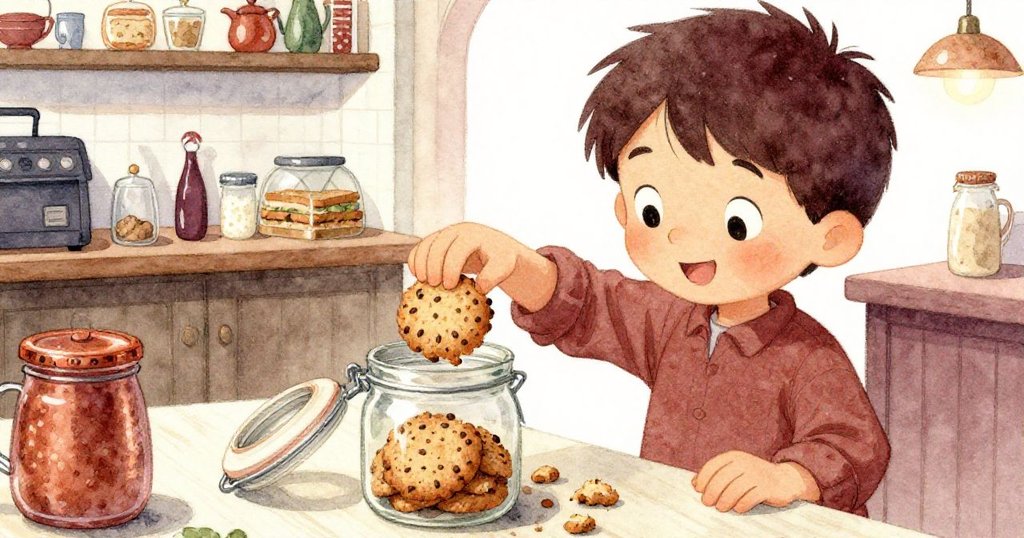 米洛專注地從小瓶中拿起餅乾，仔細檢查其細膩邊緣，展現溫柔與好奇。