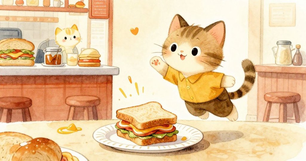 米洛滿臉驚喜看著小貓跳上紙盤，頓時讓三明治邊緣滑動，充滿了活潑玩趣。