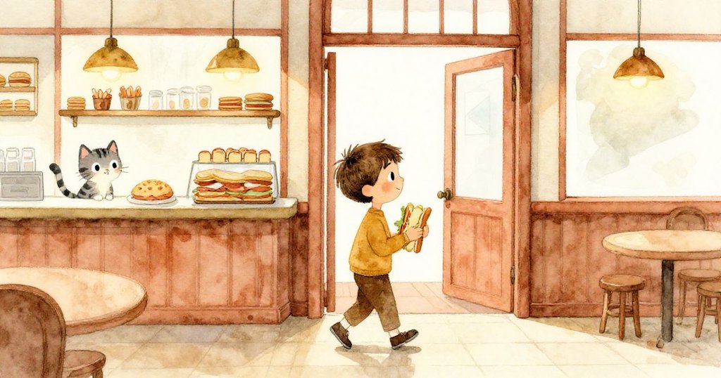 米洛手持三明治走向店門，準備外出，而小貓依然守候在餅乾旁，呈現溫暖過渡。