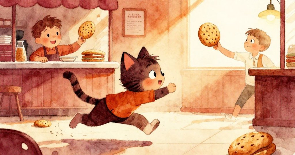 米洛輕輕揮動餅乾引起小貓活潑奔跑，雙方互動生動，畫面充滿溫暖與快樂動感。