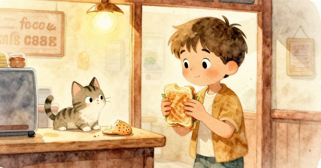 米洛拿著三明治慢慢離開，櫃檯上的破碎餅乾和小貓留連不捨，營造溫柔告別的氛圍。