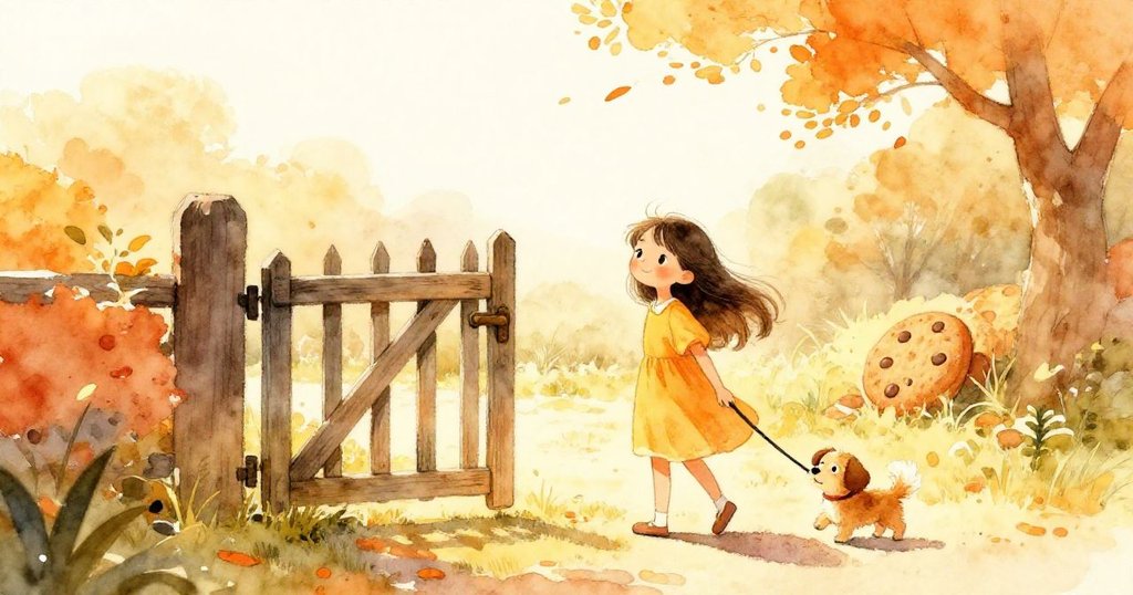 Lia站在門邊，微風吹動樹葉，小狗拉著繩子，遠處有圓餅展開冒險起始，充滿溫暖晨光。