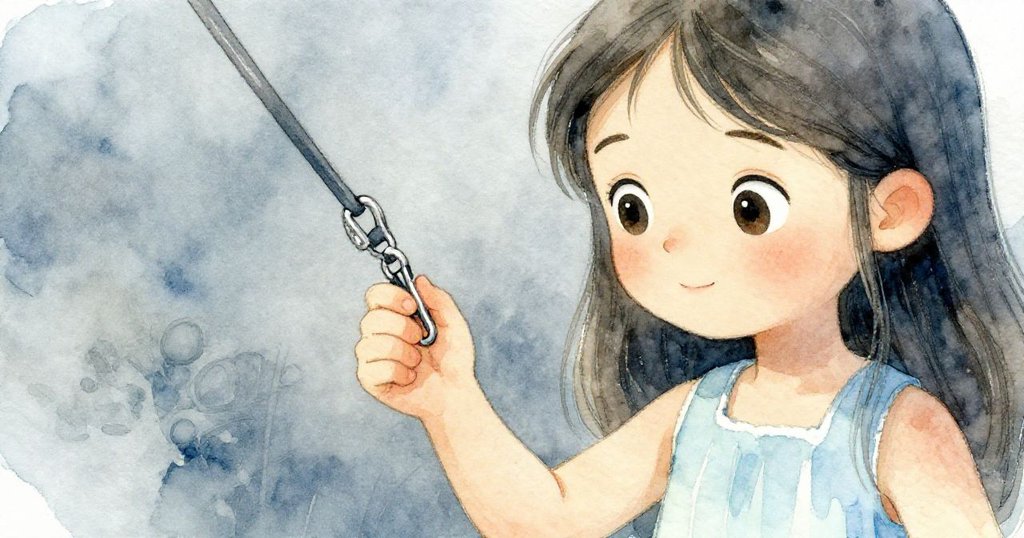 Lia專注地拿起狗繩扣，眼神中充滿決心，細膩動作展現冒險初期的專注與希望。