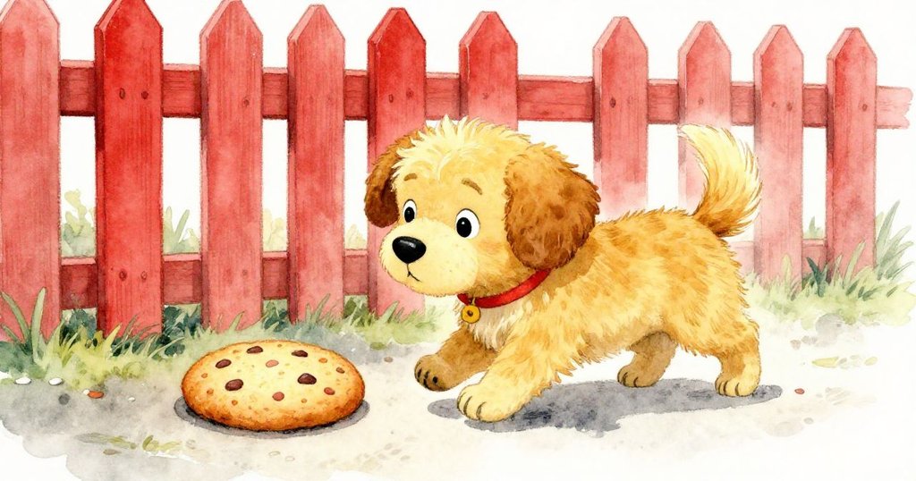 從小狗角度看，一塊圓餅躺在籬笆旁，小狗緩步前進，眼神充滿好奇與期待，童趣橫生。