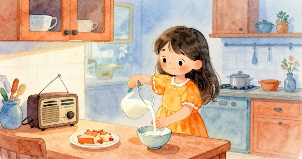 Lia在溫馨廚房中倒牛奶，收音機靜播新聞，專注的動作與溫暖環境傳達出家的舒適與關愛。