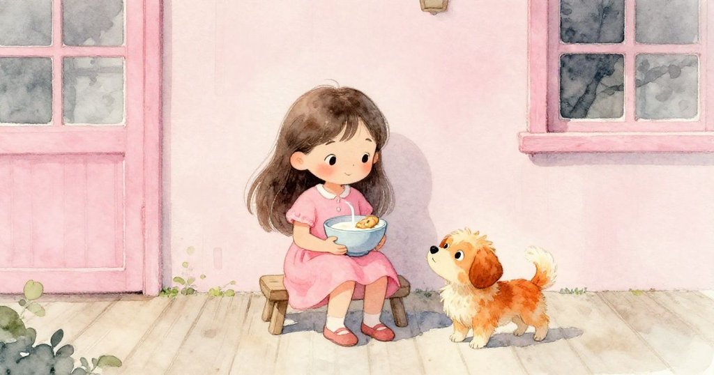 Lia與小狗在門廊共享牛奶與餅乾，平靜安寧中結束冒險，溫馨氛圍充滿滿足與喜悅，故事完美結尾。