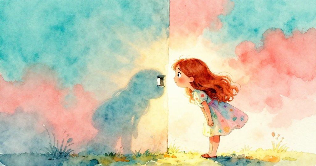 莉娜站在牆邊，剪影映襯著明亮天空，她彎腰檢查牆上小孔，充滿好奇與期待，背景色調鮮豔。